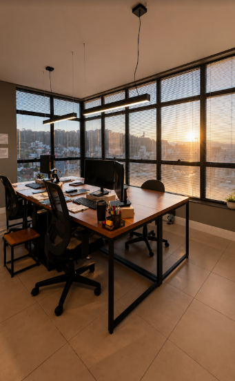 Estação de trabalho da CJ2 com vista da cidade ao entardecer